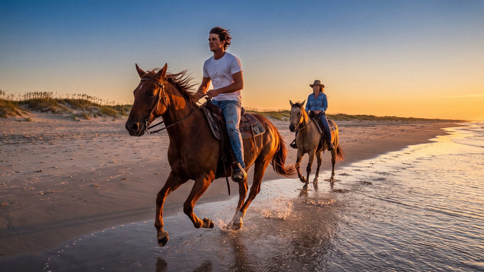 Two riders canter along the edge of the surf at sunset on a Hatteras Island beach, spray flying from the hooves
