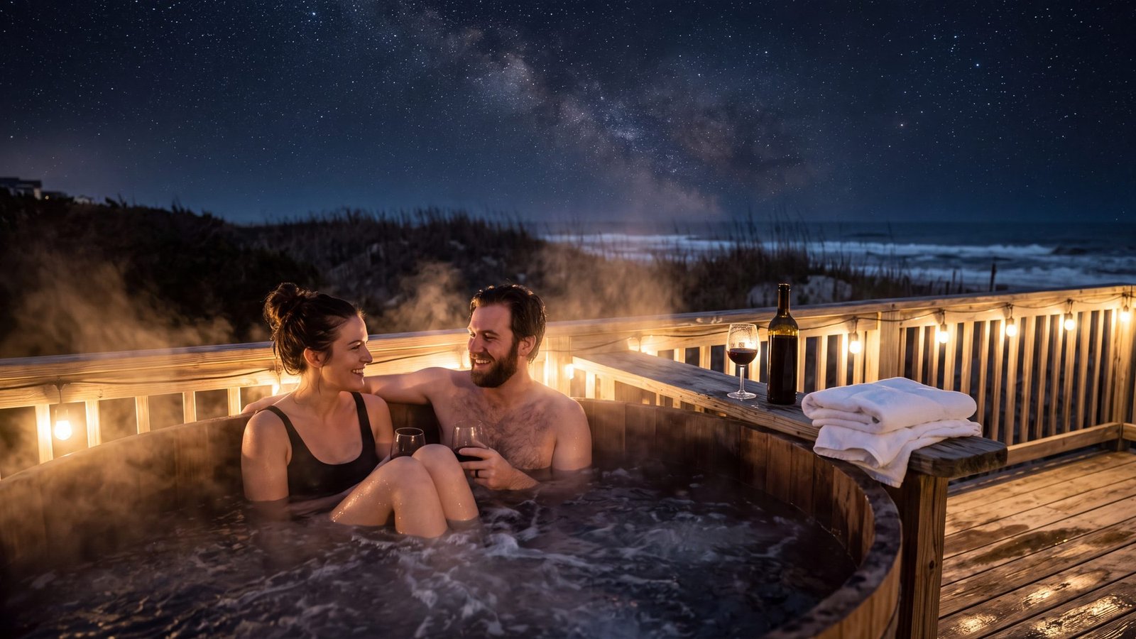 A couple in a steaming outdoor hot tub on a beach-house deck at night, string lights along the rail, stars above the dark dune