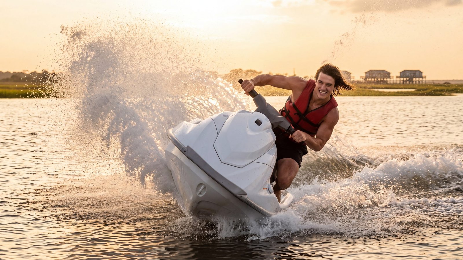 A man in a life vest carves a hard turn on a personal watercraft across flat sound water, a wall of spray arcing off the hull