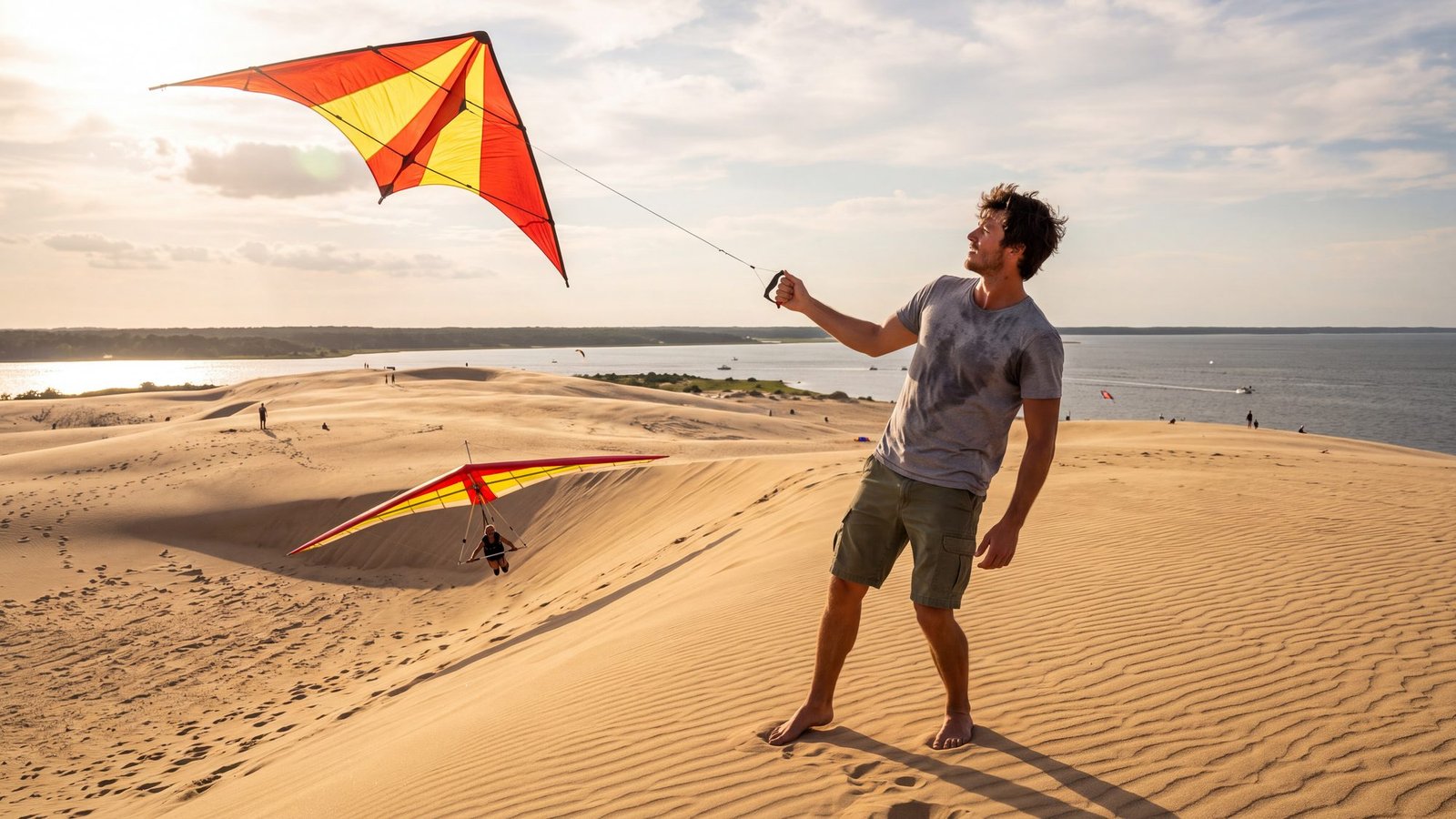 A man flies a big red-and-yellow kite from the crest of the great sand dune at Jockey’s Ridge, a hang glider skimming the slope behind him, the sound glinting below