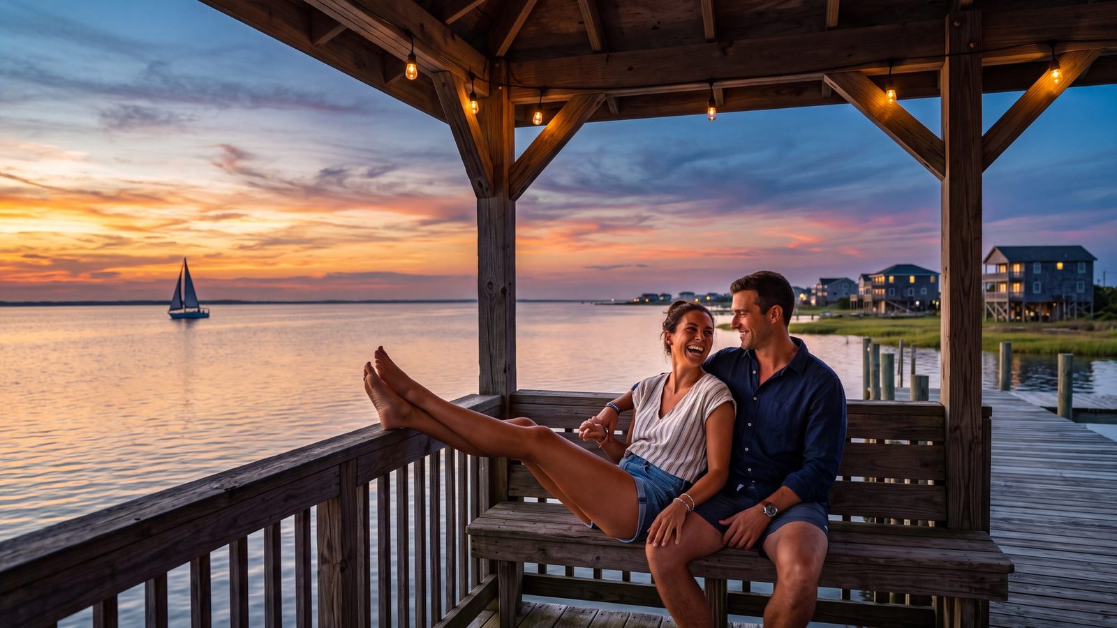 A couple sits in a wooden gazebo at the end of a short pier over the sound at sunset, a sailboat far off, Kill Devil Hills