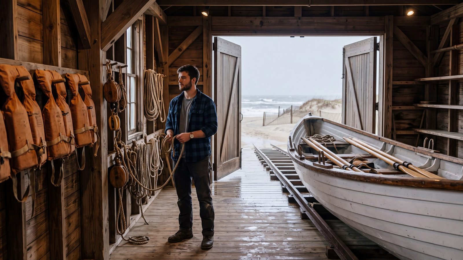 A man stands in the open boathouse of an 1874 life-saving station beside a white wooden surfboat on launch rails, cork life vests on the wall, a grey rainy beach through the doors