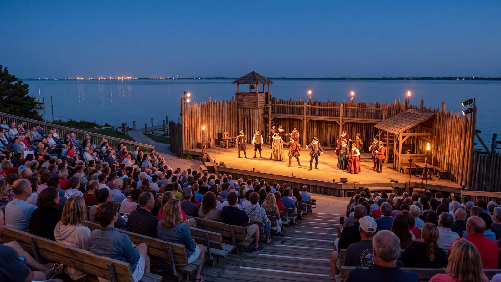 An open-air waterside amphitheatre at dusk, the audience in wooden bench seats, actors in Elizabethan dress on a lit palisade-fort stage, the sound behind