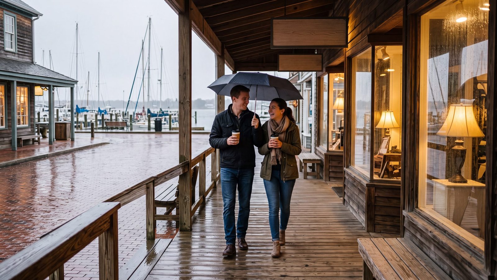 A couple share an umbrella and paper coffee cups on a covered wooden sidewalk of waterfront shops on a rainy afternoon, sailboat masts and a grey harbor at the end of the street, Manteo