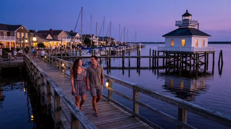 The Manteo waterfront and Roanoke Marshes Lighthouse at dusk, Dare County