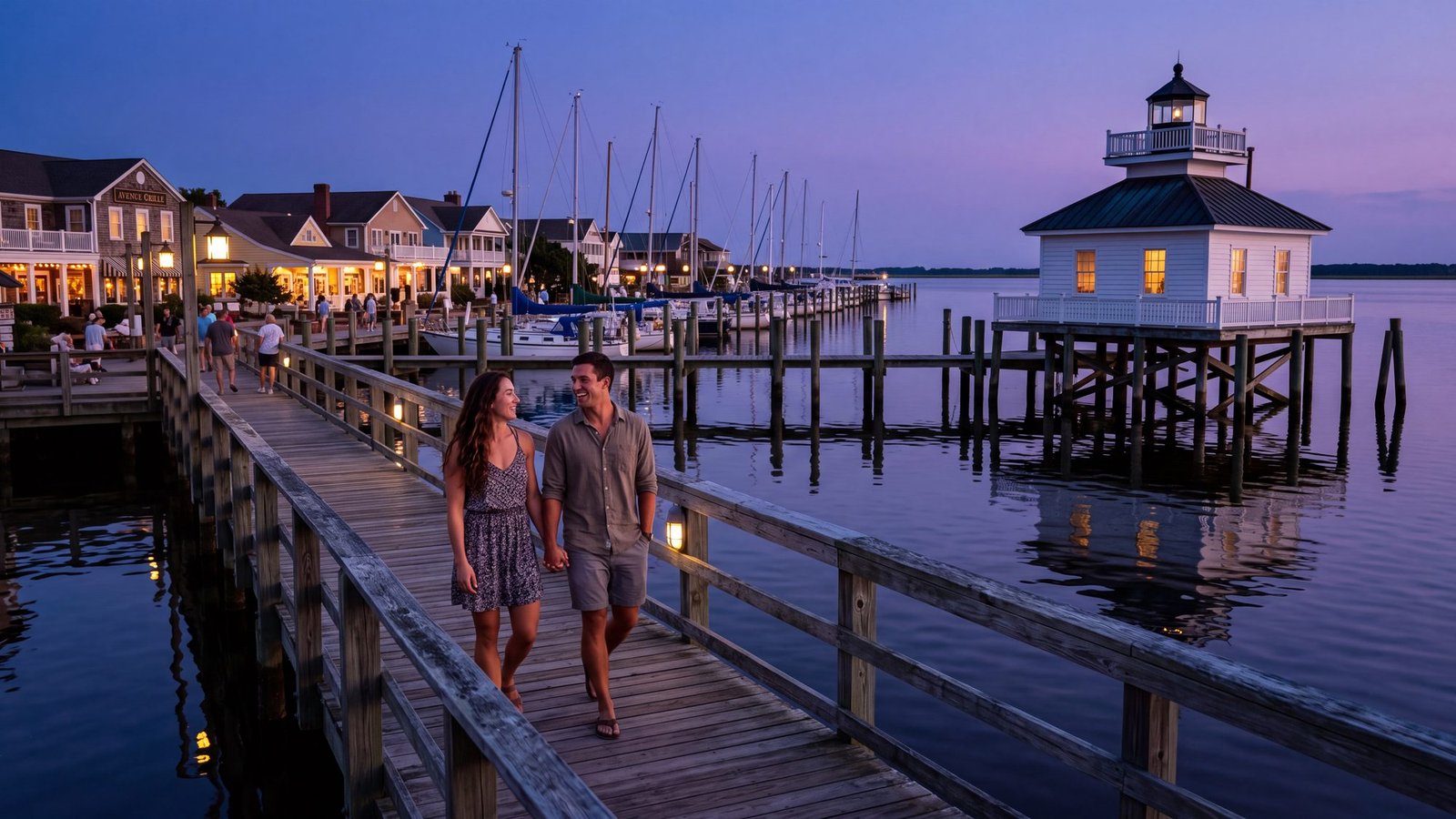 A couple strolls the Manteo waterfront boardwalk at dusk beside the small white Roanoke Marshes Lighthouse on its piles, sailboats at the docks