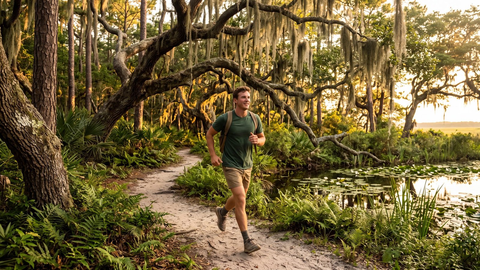 A man hikes a sandy trail under huge gnarled live oaks hung with Spanish moss beside a lily pond in Nags Head Woods
