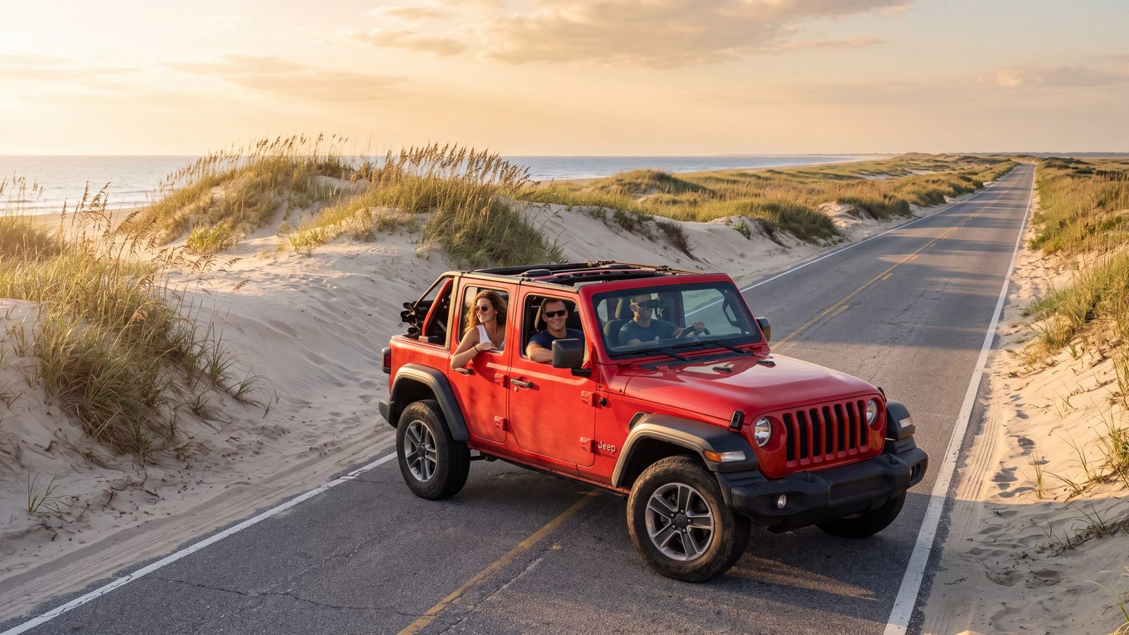 A red Jeep with the top folded back drives the two-lane NC-12 between tall dunes and sea oats on Hatteras Island in late light