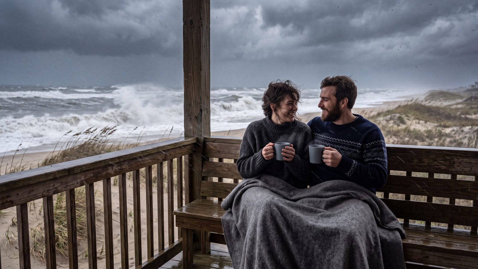 A couple in sweaters under a blanket on a covered oceanfront porch with mugs of coffee, watching huge grey storm surf and driving rain