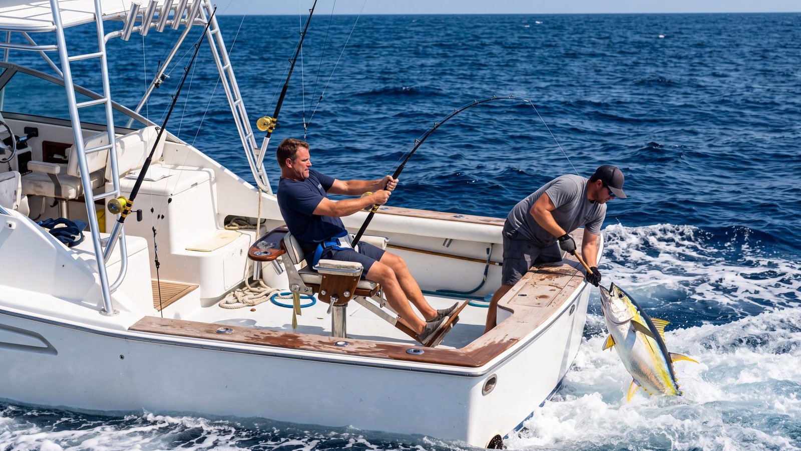 In the cockpit of a sportfishing boat offshore, a man in the fighting chair leans back on a bent rod while the mate gaffs a yellowfin tuna over the transom