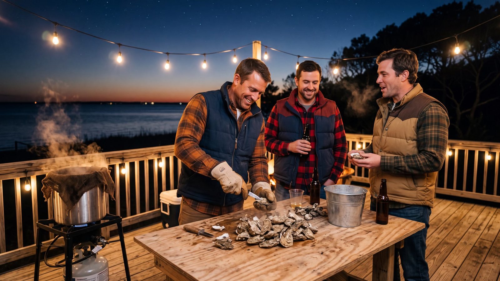 Three friends in flannel and vests around a steaming oyster roast on a beach-house deck at dusk, one shucking a cluster of oysters on a plywood table