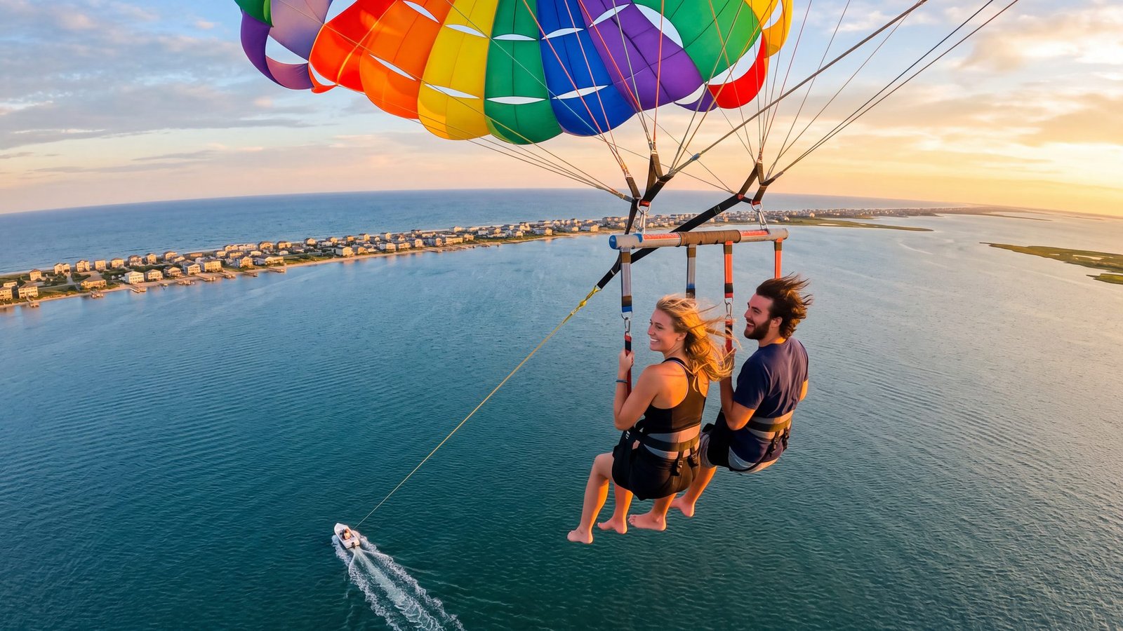A couple in a harness under a rainbow parasail canopy high above the sound, the tow boat a speck below, the barrier island and ocean stretching across the horizon