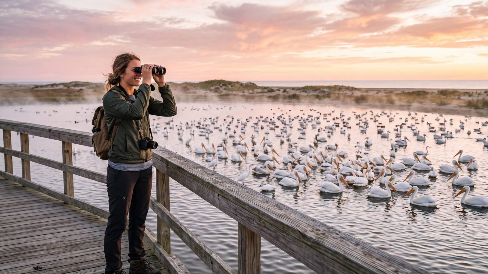 A woman with binoculars on a boardwalk observation platform at sunrise, a flock of white pelicans and egrets on the pond below, Pea Island