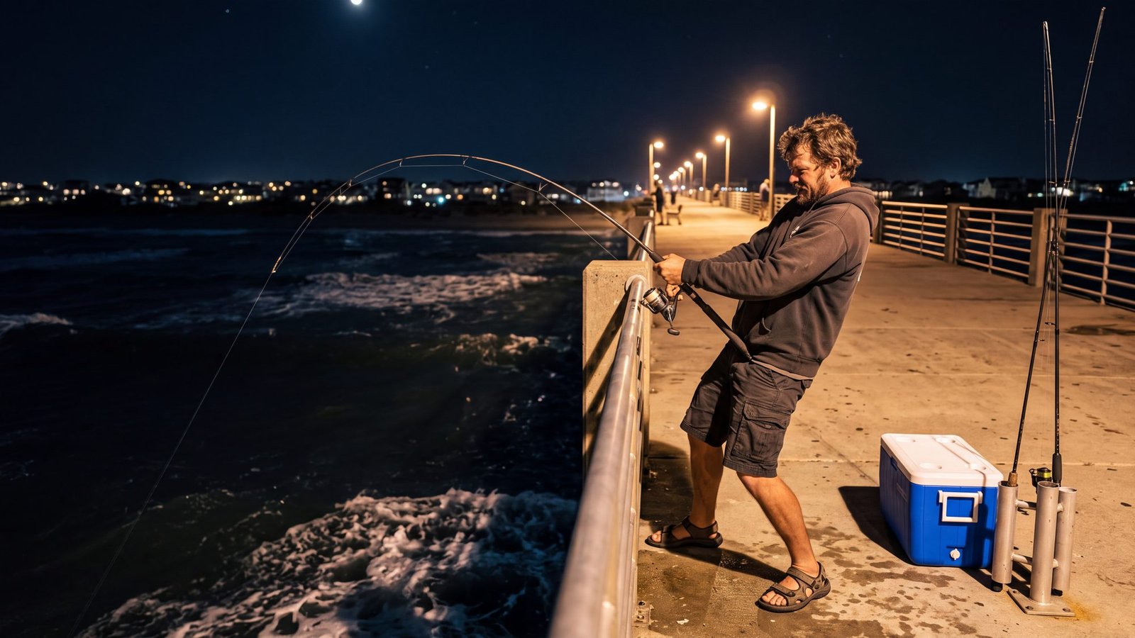 A man leans back on a bent rod at the rail of a lit concrete fishing pier at night, dark ocean and foam below