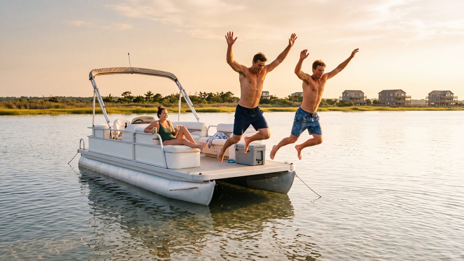 Two men leap off the bow of a pontoon boat into shallow sound water at golden hour while a woman lounges on the front bench
