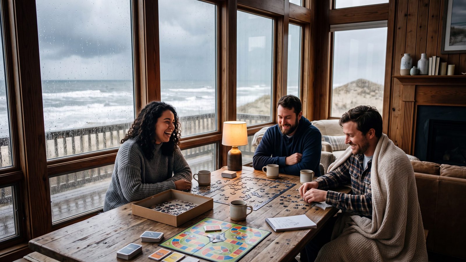 Three friends laugh over a half-finished jigsaw puzzle and a board game at a big wooden table by floor-to-ceiling windows, rain streaking the glass and grey surf beyond the dune