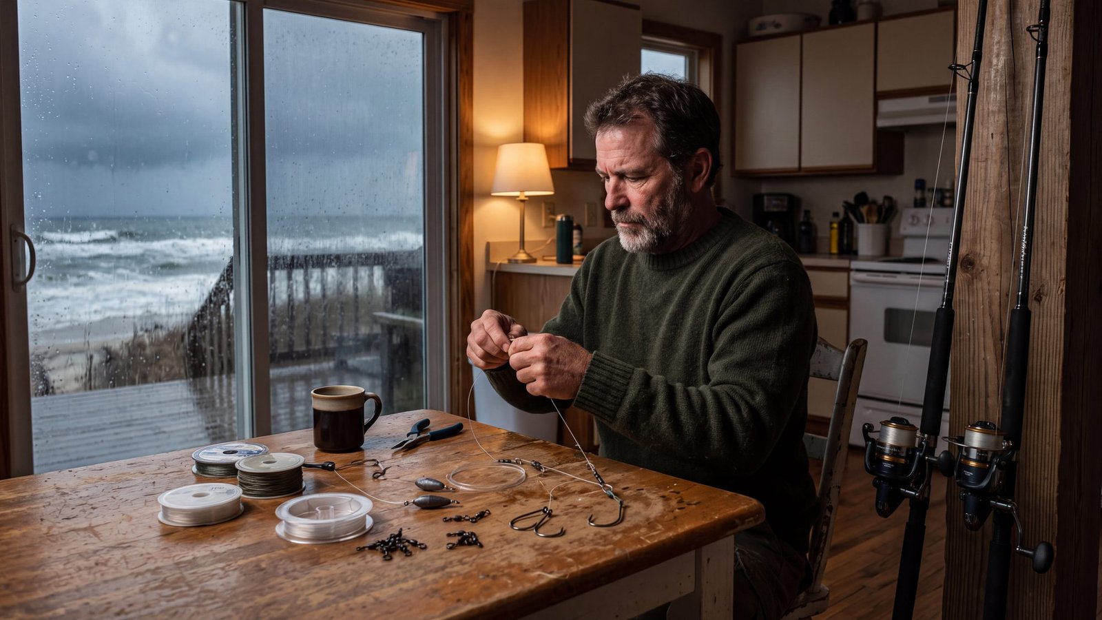 A rugged man ties surf-fishing rigs at a beach-house kitchen table on a rainy afternoon, spools of line, sinkers and hooks laid out, two surf rods leaning in the corner, grey surf through the glass
