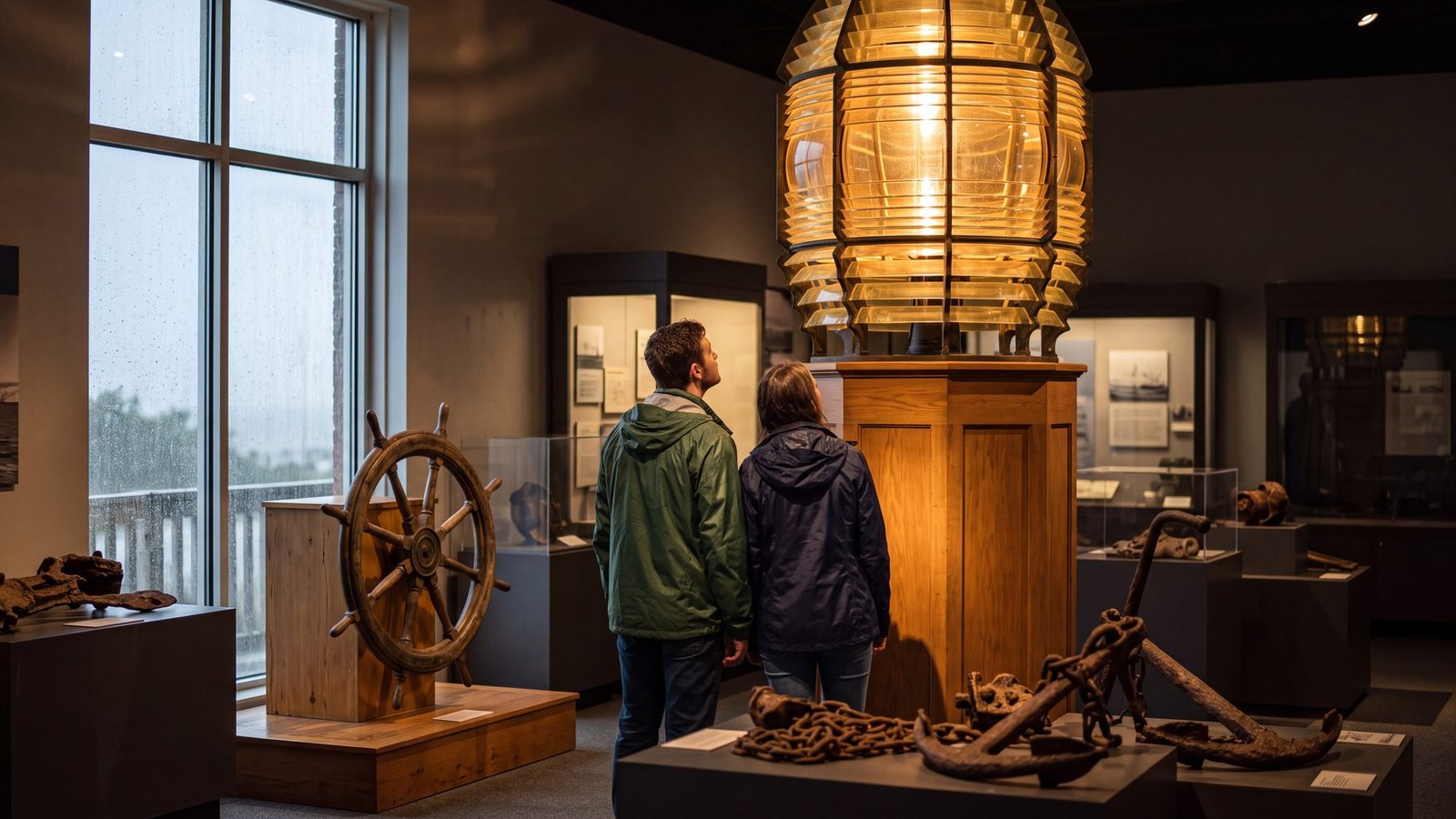 A couple in rain jackets look up at a glowing first-order lighthouse lens inside a maritime museum gallery, a ship’s wheel and rusted wreck relics around them
