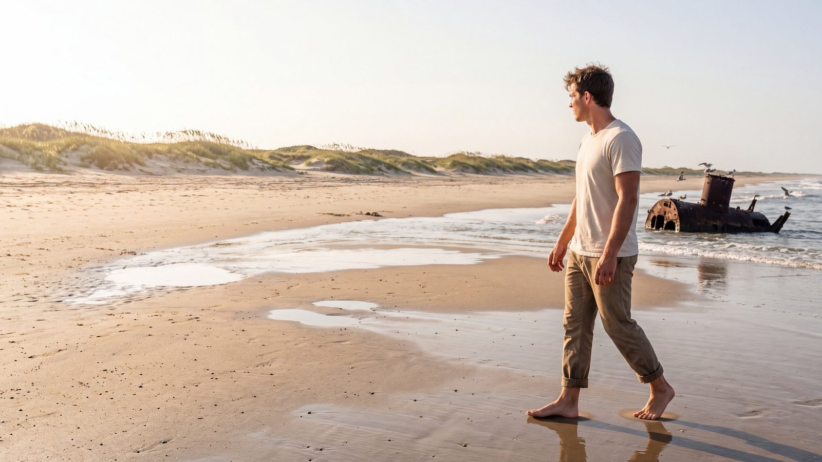 A man walks the wet sand at low tide on a wide empty Pea Island beach, looking out at the rusted boiler of a shipwreck in the small surf just offshore