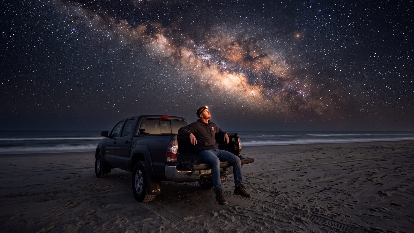 A man sits on the tailgate of a 4x4 on a dark Hatteras Island beach at night, looking up at the Milky Way over the ocean