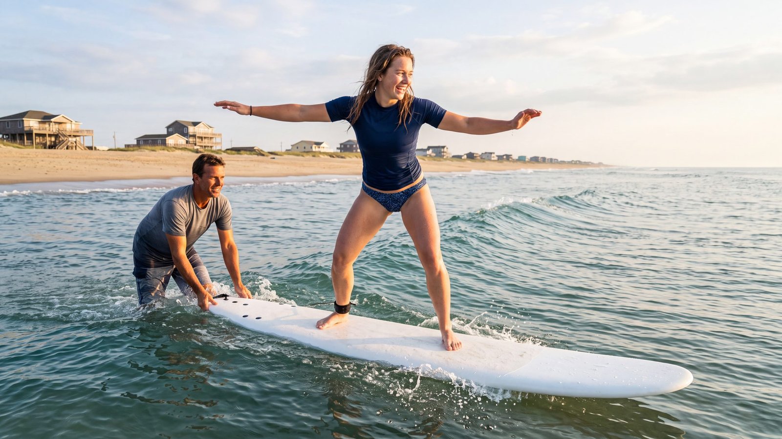 A woman pops up to her feet on a soft-top longboard on a small clean wave while a surf instructor in the water behind her gives a push