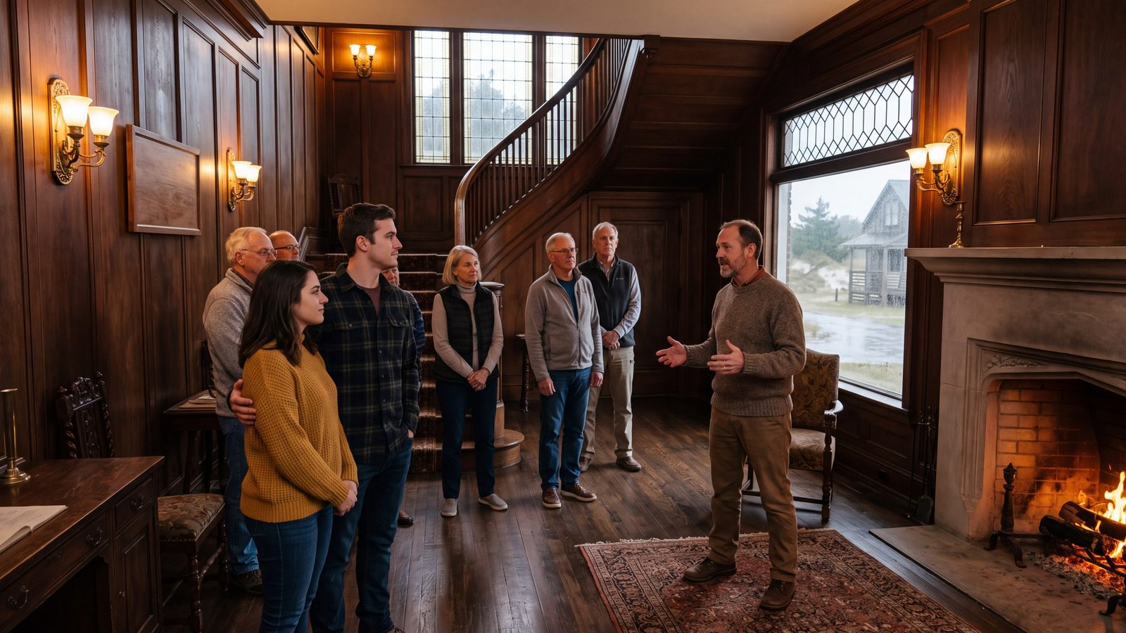 A small tour group with a guide inside a restored 1920s hunting lodge with dark wood paneling, a grand staircase and a fireplace, rain at the tall windows