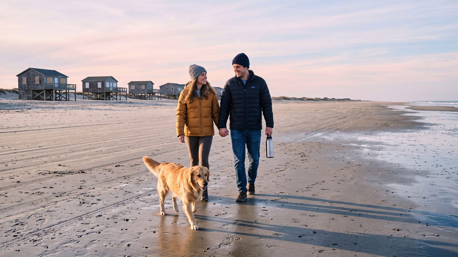 A couple in puffer jackets and beanies walk an empty winter beach at low tide with a golden retriever trotting ahead, low sun and long shadows