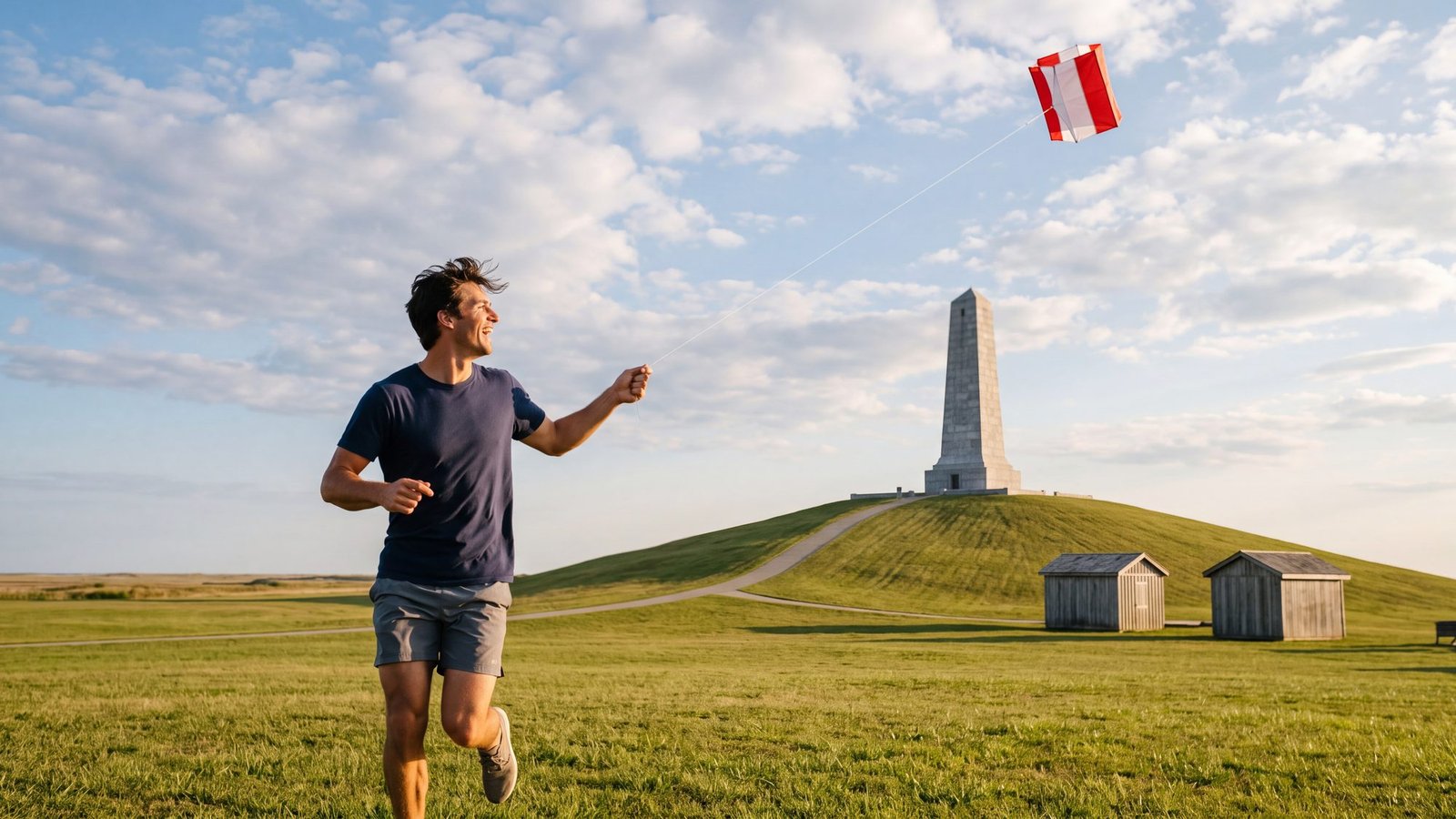 A man runs across the wide lawn at Wright Brothers National Memorial flying a box kite, the granite monument on its grassy hill and the camp sheds behind him
