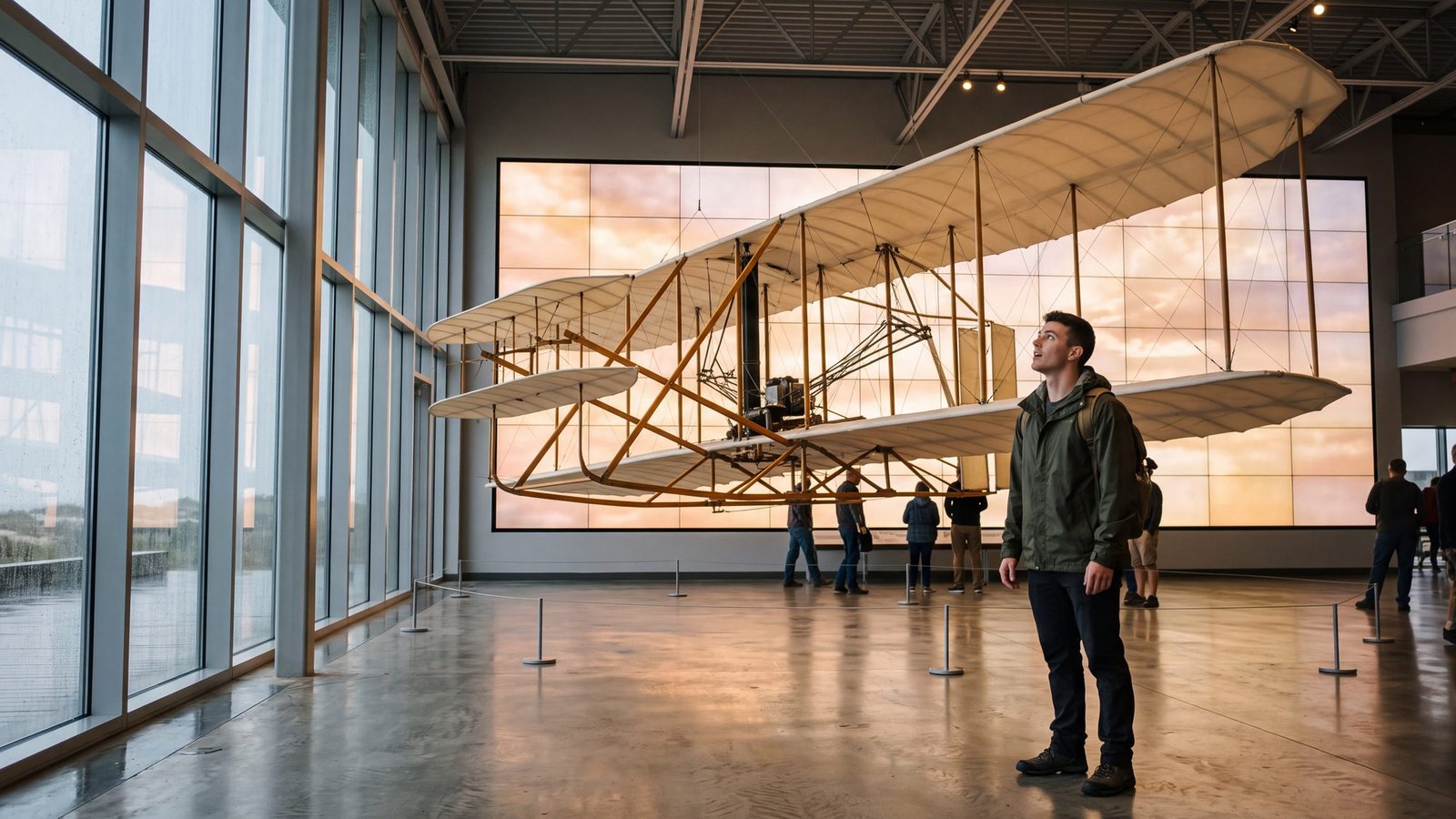 A man in a rain jacket looks up at a full-size replica of the 1903 Wright Flyer hanging in a bright museum hall with a wall of video screens behind it