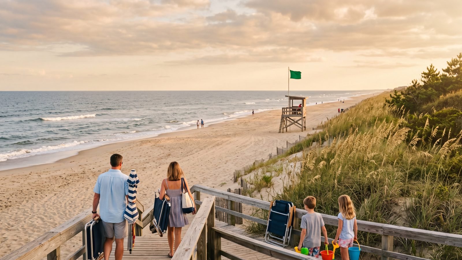 A family carrying chairs down a wooden dune crossover to the walk-on beach at Kitty Hawk, a lifeguard stand flying a green flag beyond — Outer Banks, NC