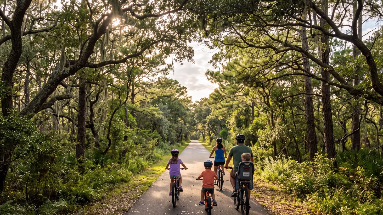 A family riding bikes on the shaded multi-use path along The Woods Road — Kitty Hawk, Outer Banks, NC