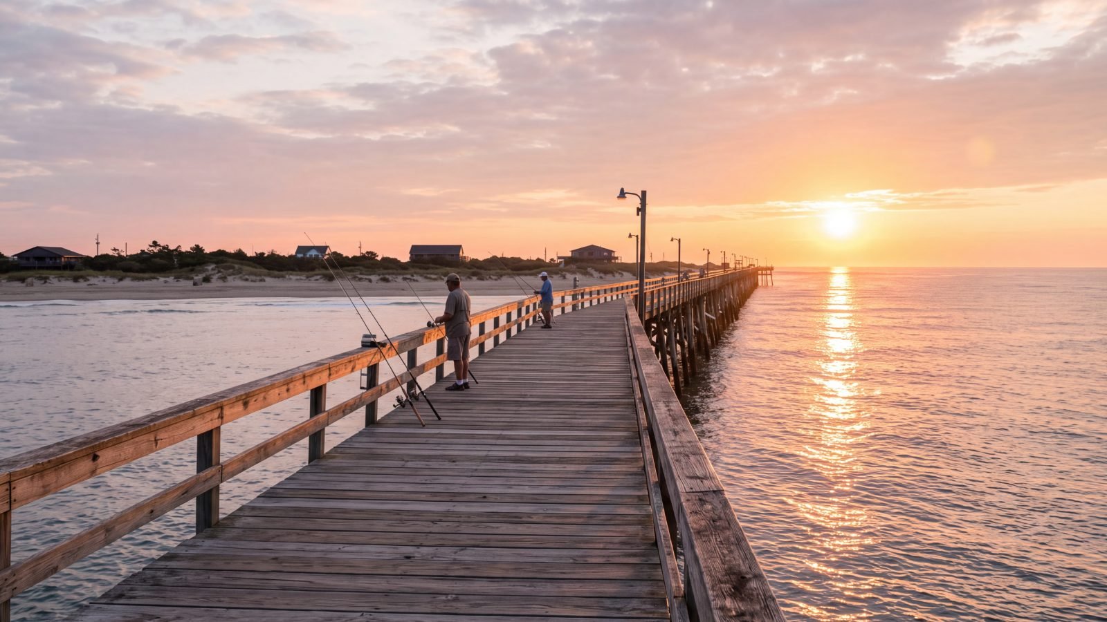 Anglers on Kitty Hawk Pier at sunrise, the sun rising out of the Atlantic at the end of the pier — Kitty Hawk, Outer Banks, NC