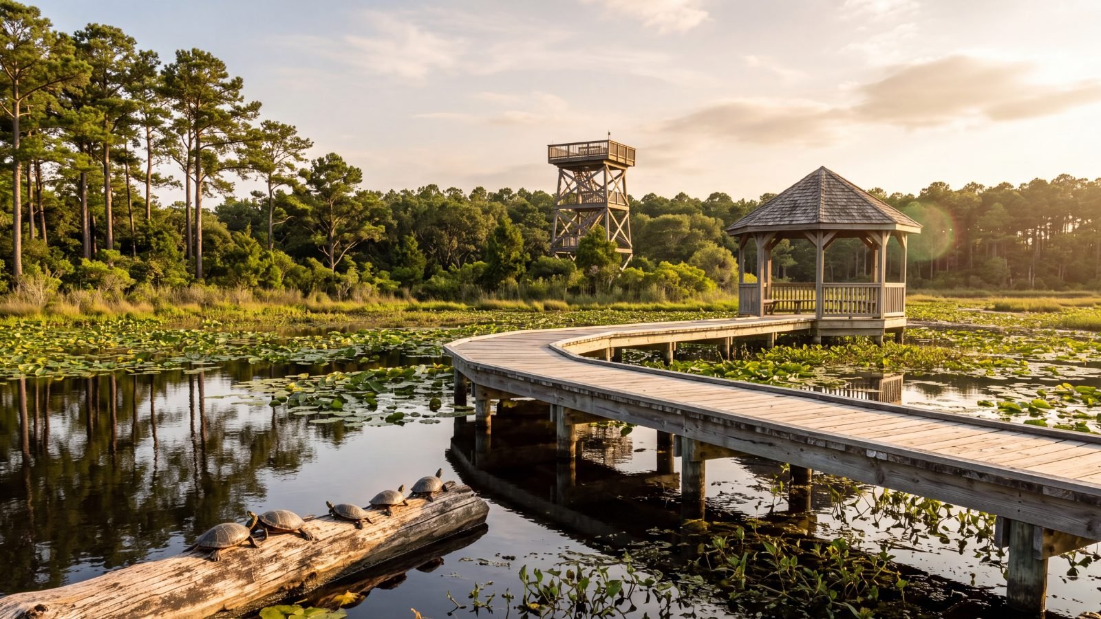 The boardwalk, gazebo and observation tower at Sandy Run Park, turtles basking on a log among the lily pads — Kitty Hawk, Outer Banks, NC