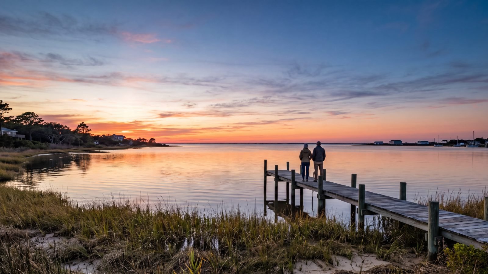Two people on a small pier watching sunset over the sound from the soundside of Kitty Hawk — Outer Banks, NC
