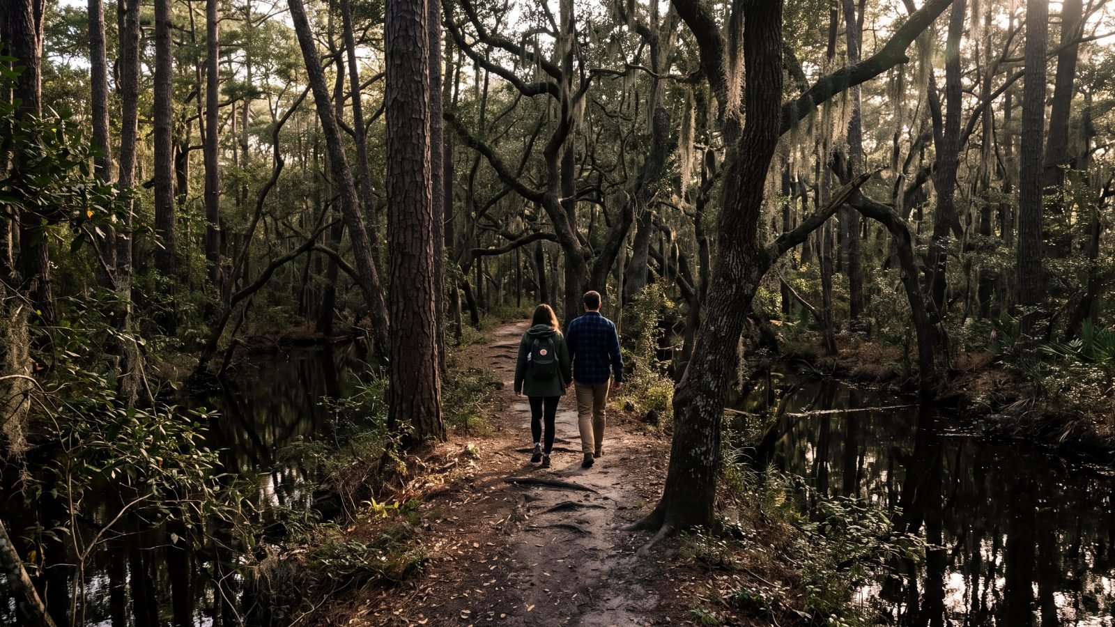 A sandy footpath along a low ridge through Kitty Hawk Woods, swamp water either side and live oaks overhead — Kitty Hawk, Outer Banks, NC