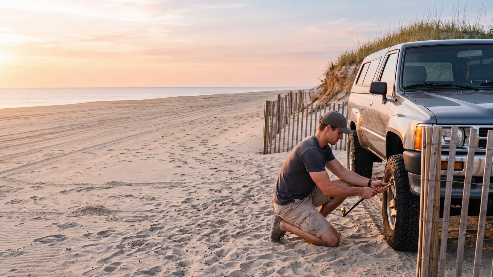 A man airing down a tire at the foot of a sandy beach access ramp