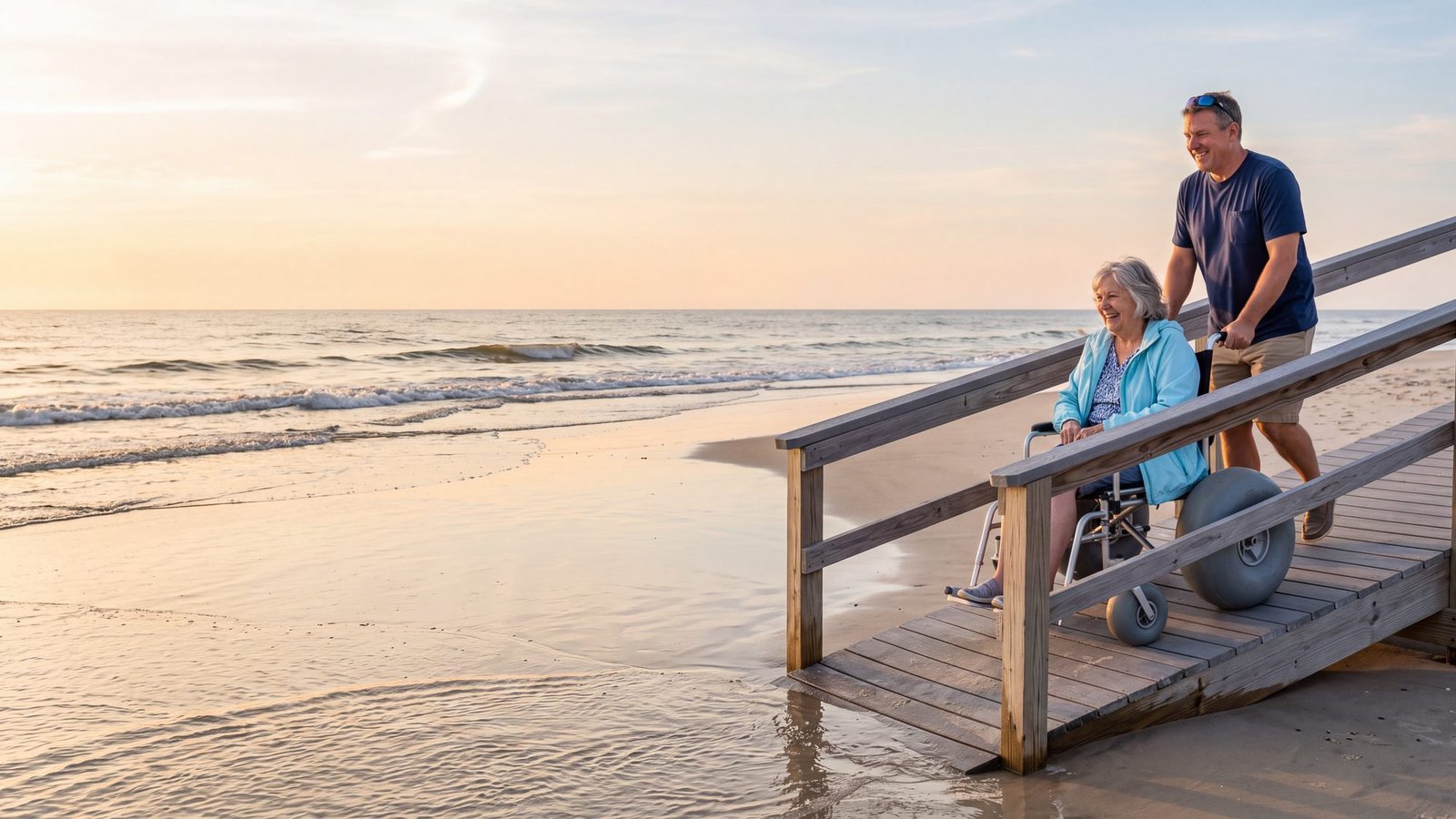 A man pushing a woman in a balloon-tire beach wheelchair down a wooden ramp onto the sand
