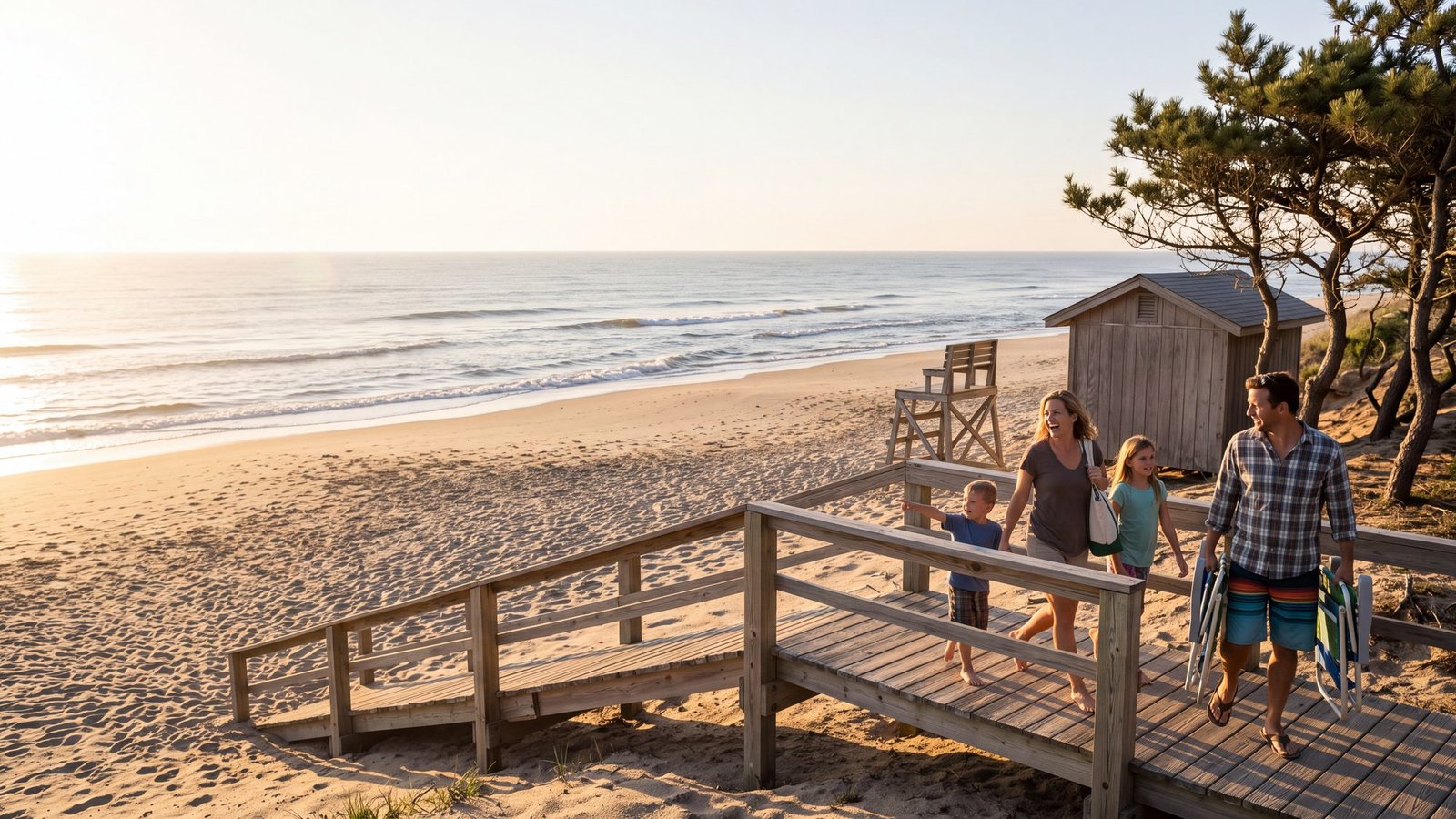 A family crossing a wooden dune walkway to the beach past a lifeguard stand and bathhouse