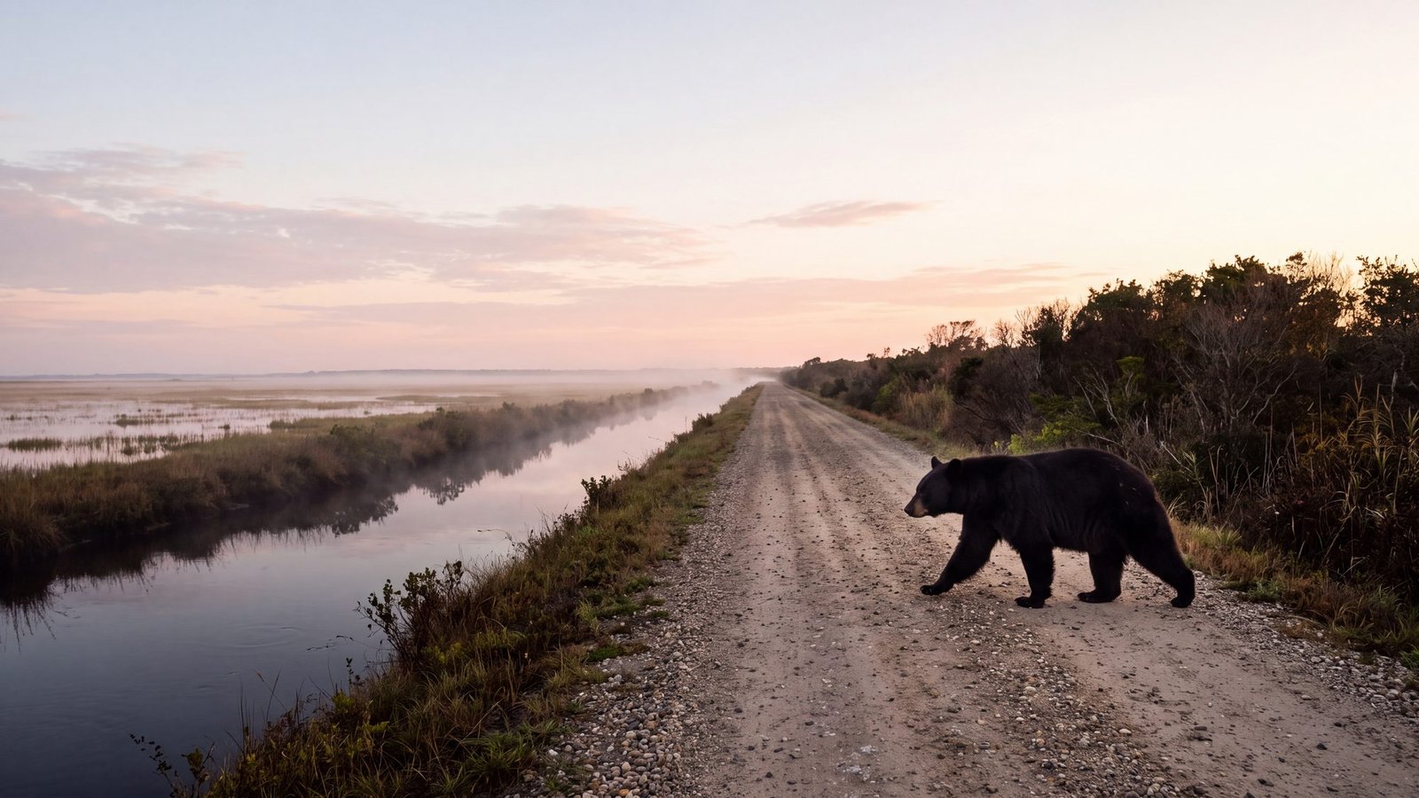 A black bear crossing a gravel refuge road beside a canal at dawn
