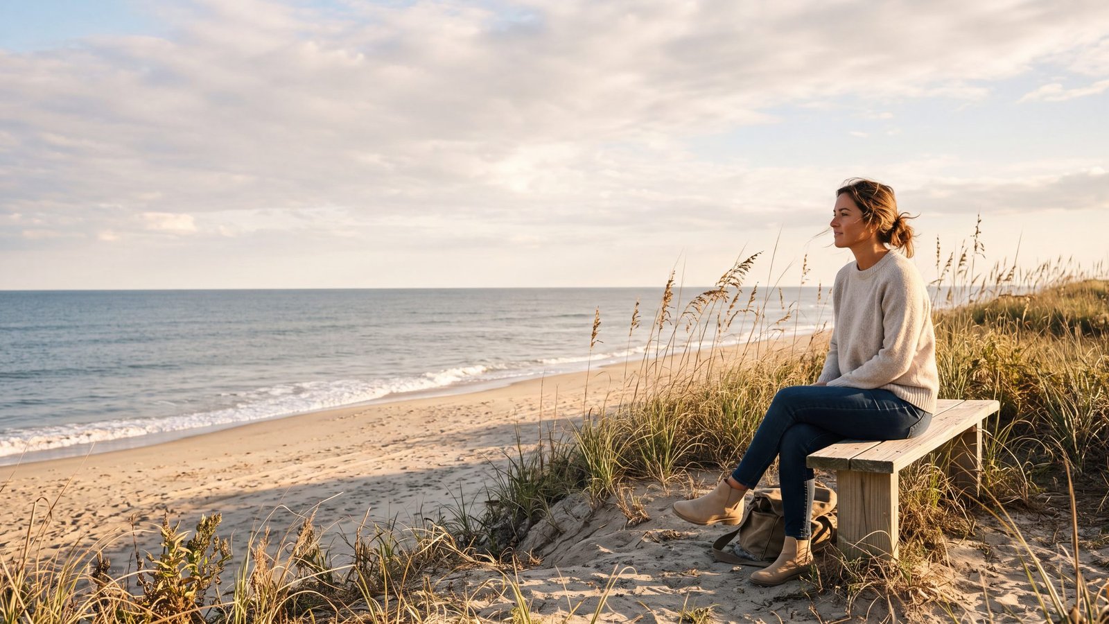 A woman on a dune-top bench among sea oats looking out at a calm ocean in autumn light