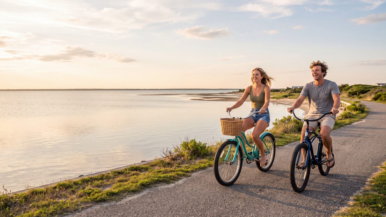 A couple on beach cruisers riding a paved path beside the sound at golden hour