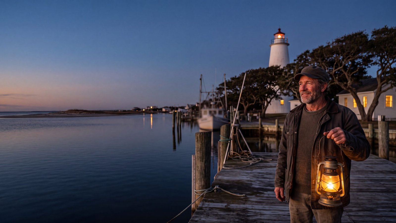 A man holding a lantern on a harbor dock at blue hour with the white Ocracoke Lighthouse behind