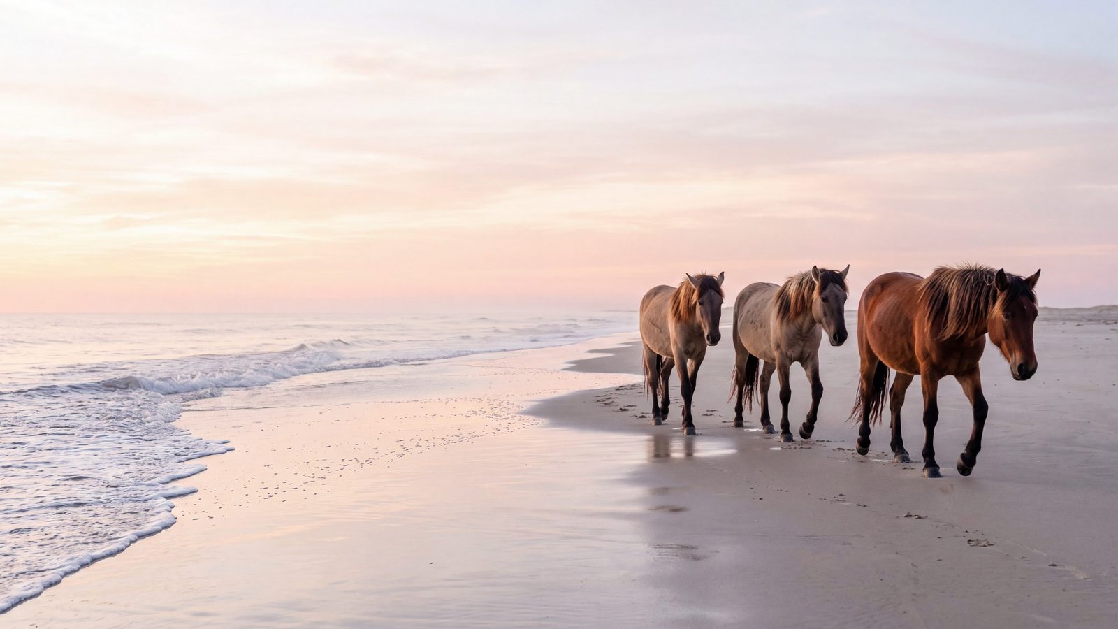 Three bay wild horses walking the tide line on an empty Outer Banks beach at dawn