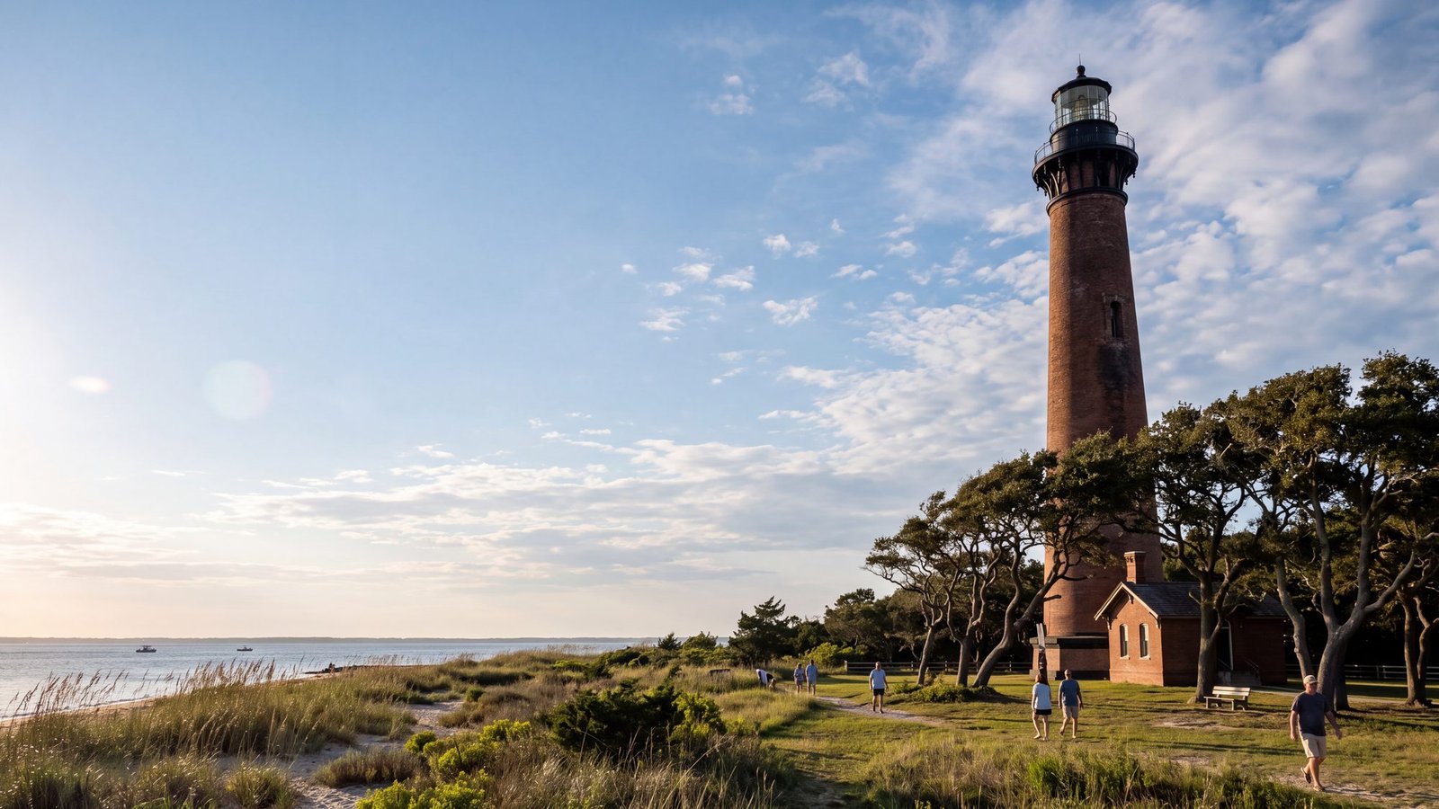 The unpainted red-brick Currituck Beach Lighthouse rising over live oaks in Corolla