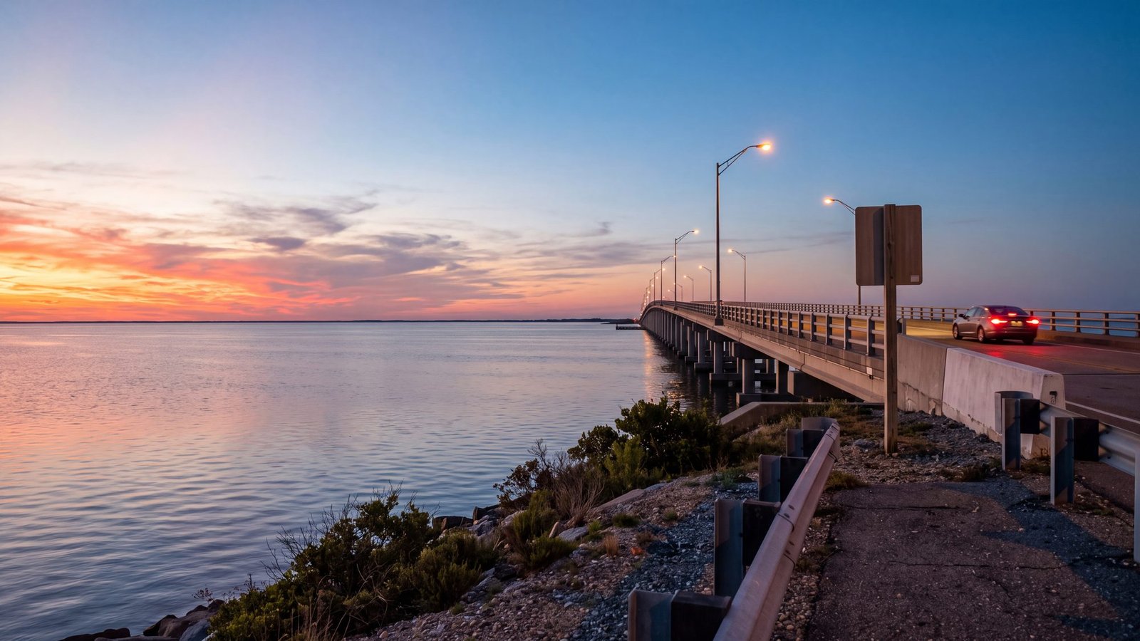 A long low bridge over a wide sound at sunset, the road to the Outer Banks