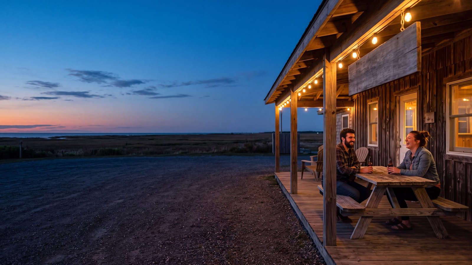 Two friends at a picnic table on the porch of a weathered wooden tavern under string lights at dusk