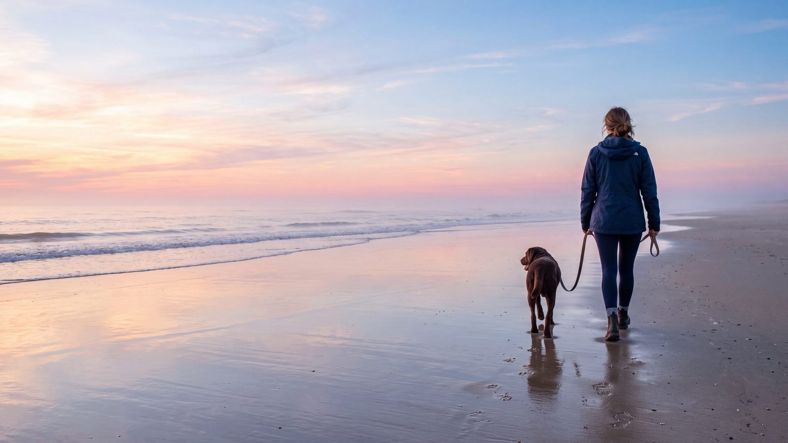 A woman walking a chocolate lab on a leash along wet sand at sunrise