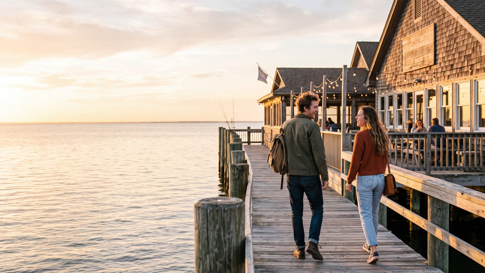 A couple walking the soundside boardwalk toward a restaurant deck at golden hour in Duck