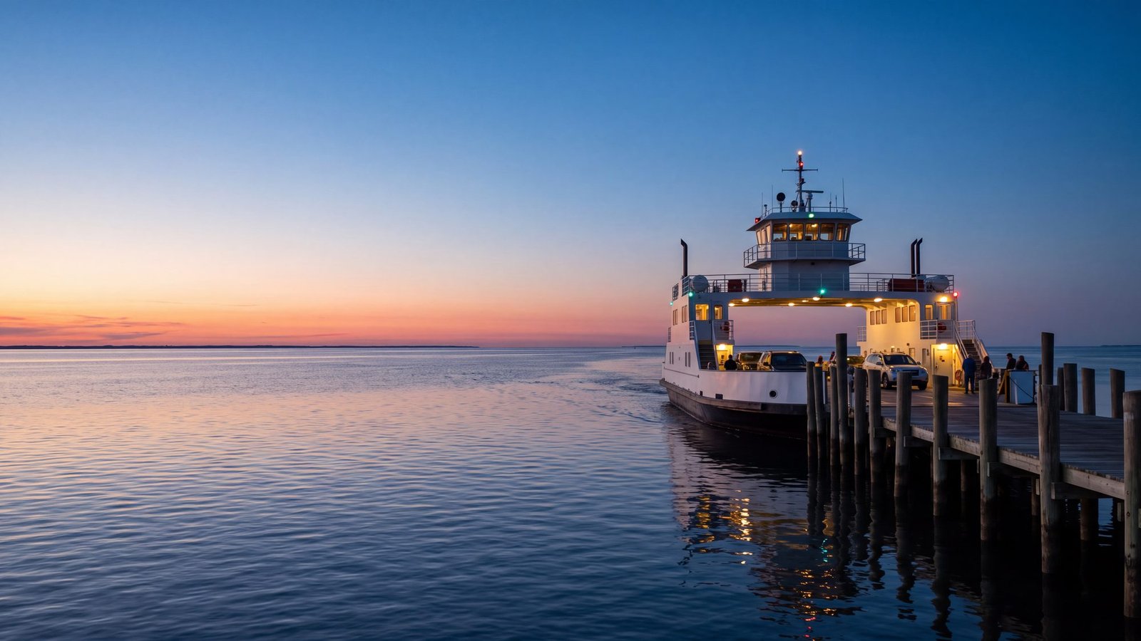 A white North Carolina ferry coming into a wooden dock at sunset