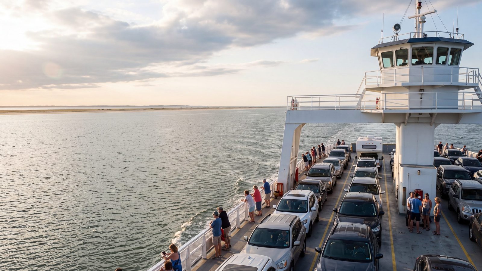 The open vehicle deck and wheelhouse of a white North Carolina sound ferry underway